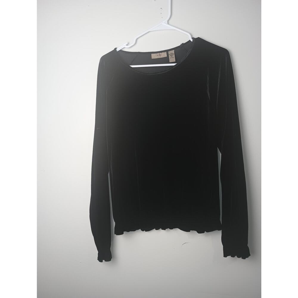 Vtg Y2K Velour Black Top Lettuce‎ edge hem Long sleeve IE Blouse Size Large
